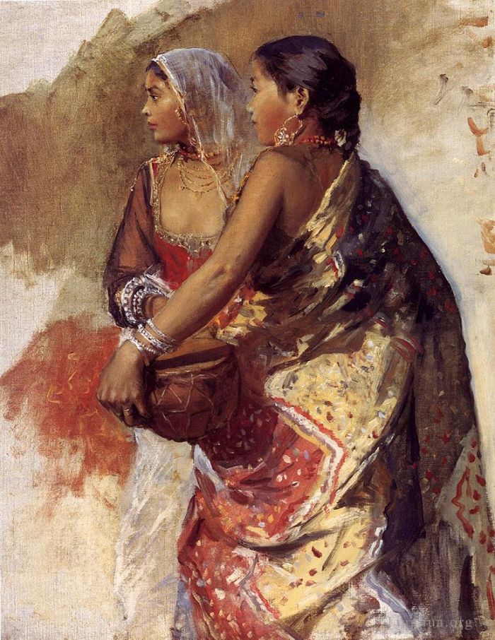 Edwin Lord Weeks Peinture à l'huile - Esquisse de deux filles Nautch