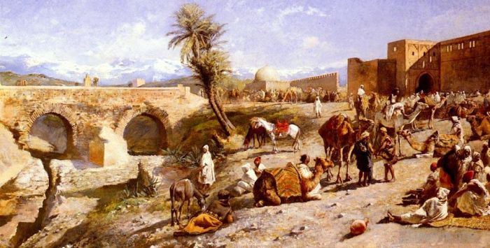 Edwin Lord Weeks Peinture à l'huile - L'arrivée d'une caravane à l'extérieur de Marrakech