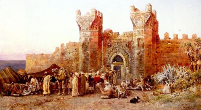 Edwin Lord Weeks Peinture à l'huile - Le départ d'une caravane de la porte de Shelah Maroc
