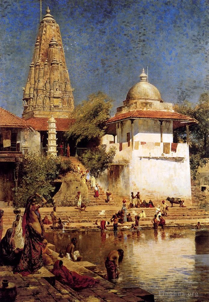 Edwin Lord Weeks Peinture à l'huile - Le temple et le char de Walkeshwar à Bombay