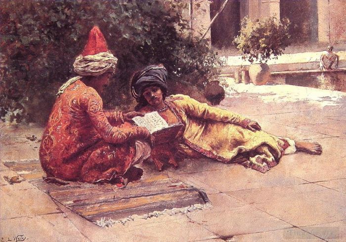 Edwin Lord Weeks Peinture à l'huile - Deux Arabes lisant dans une cour