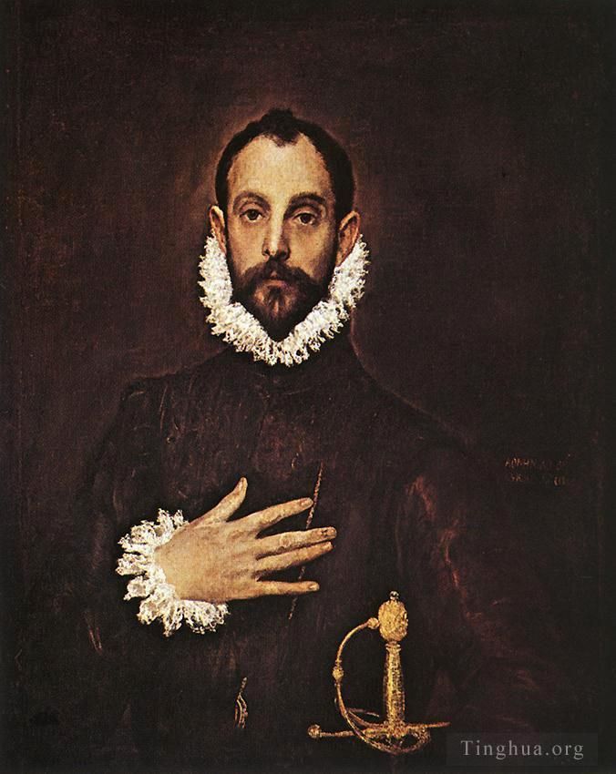 El Greco Peinture à l'huile - Le chevalier avec la main sur la poitrine 1577