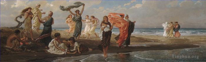 Elihu Vedder Peinture à l'huile - Filles grecques se baignant