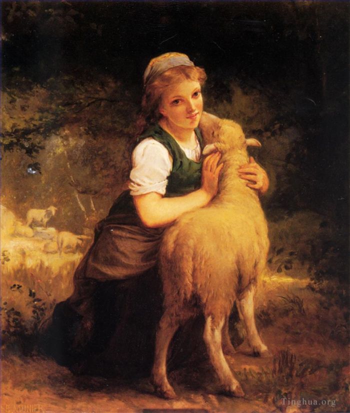 Émile Munier Peinture à l'huile - Jeune fille à l'agneau
