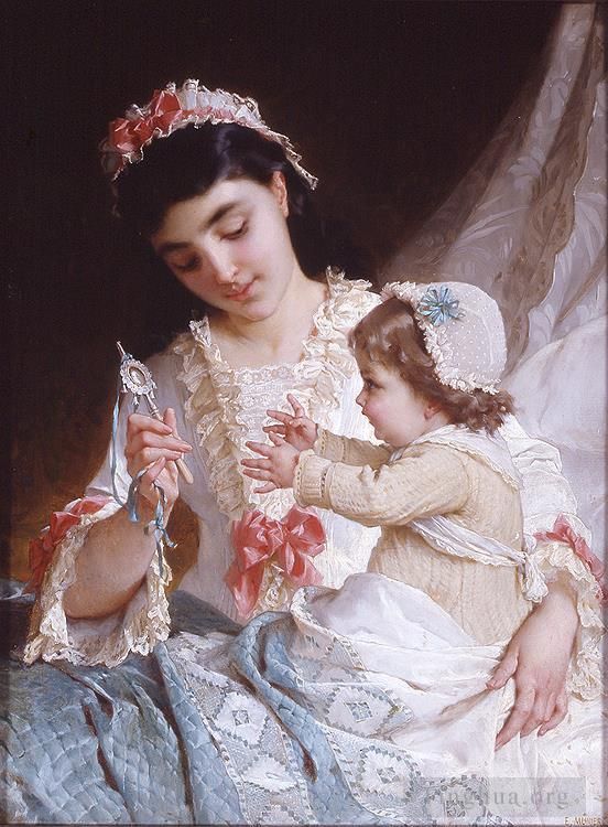 Émile Munier Peinture à l'huile - Distraire le bébé