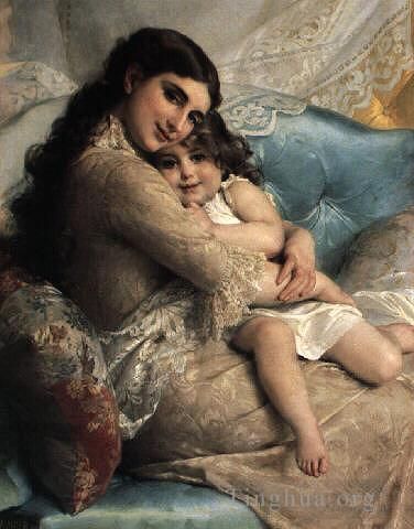 Émile Munier Peinture à l'huile - Portrait d'une mère et d'une fille