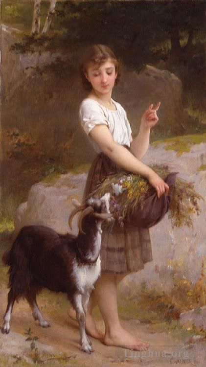 Émile Munier Peinture à l'huile - Jeune fille avec chèvre et fleurs