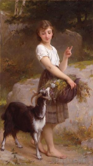 Émile Munier œuvres - Jeune fille avec chèvre et fleurs