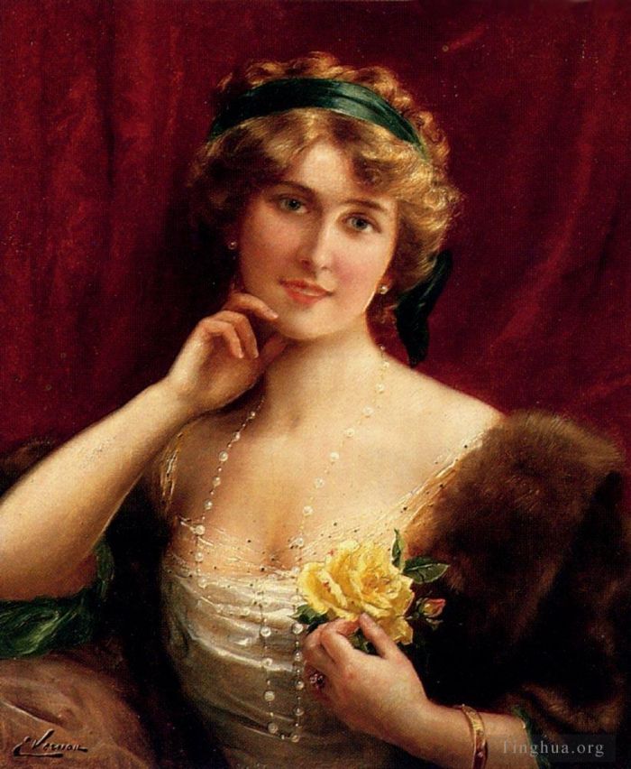 Émile Vernon Peinture à l'huile - Une dame élégante avec une rose jaune