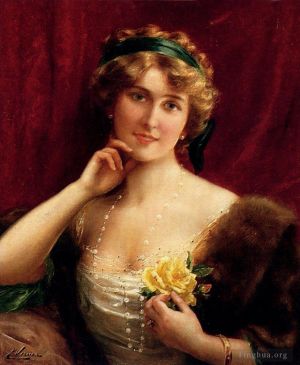 Émile Vernon œuvres - Une dame élégante avec une rose jaune
