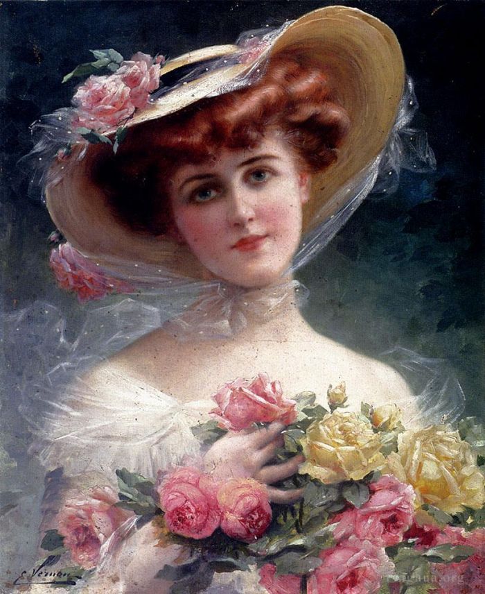 Émile Vernon Peinture à l'huile - La Belle Aux Fleurs