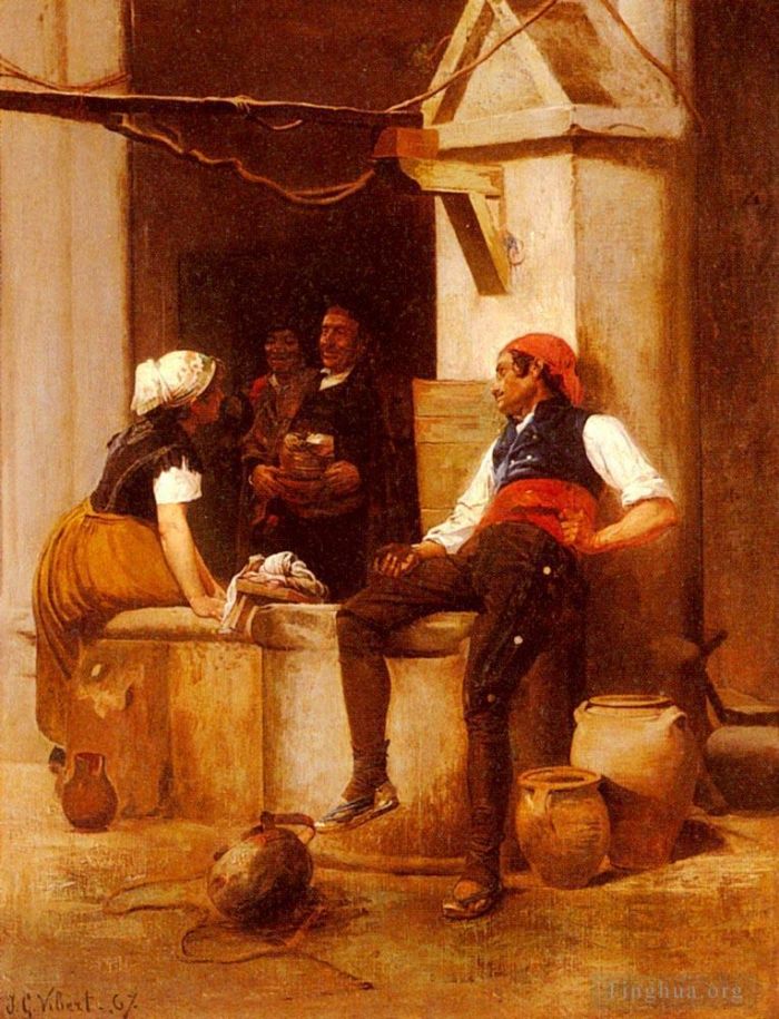 Émile Vernon Peinture à l'huile - Vibert Jean Georges Conversation à La Fontaine