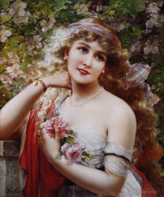Émile Vernon Peinture à l'huile - Jeune femme aux roses