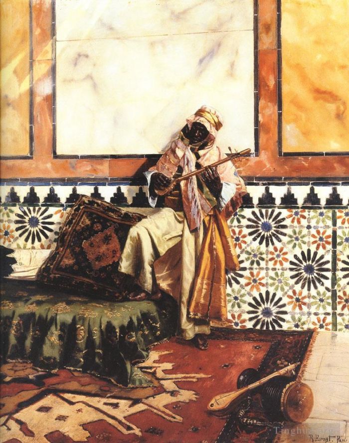 Rudolf Ernst Peinture à l'huile - Gnaoua dans un intérieur nord-africain