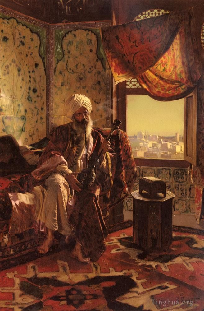 Rudolf Ernst Peinture à l'huile - Fumer le narguilé
