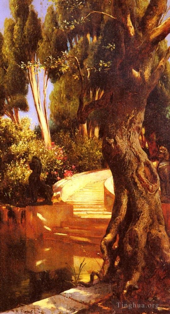 Rudolf Ernst Peinture à l'huile - L'escalier sous les arbres