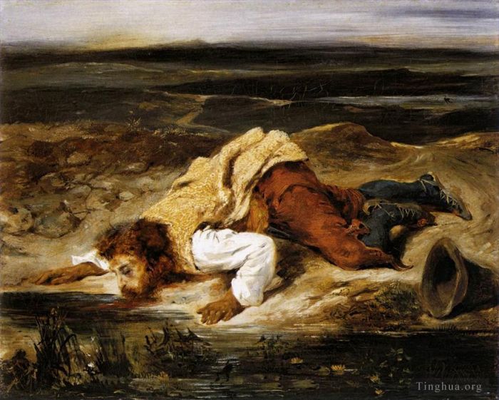 Ferdinand Victor Eugène Delacroix Peinture à l'huile - Un brigand mortellement blessé étanche sa soif