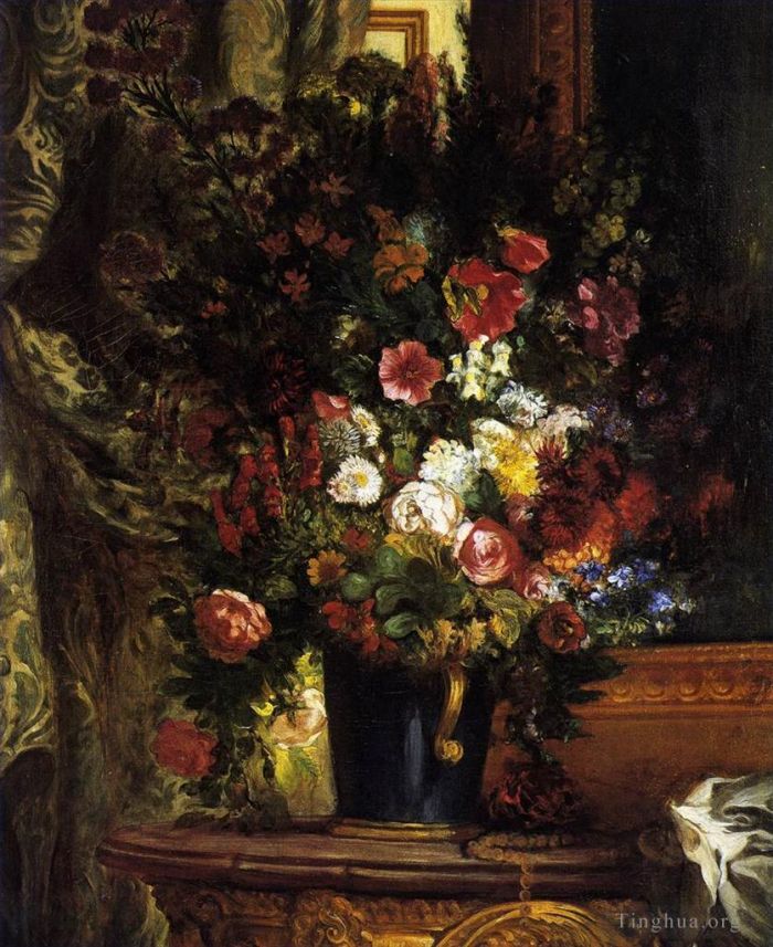 Ferdinand Victor Eugène Delacroix Peinture à l'huile - Un vase de fleurs sur une console