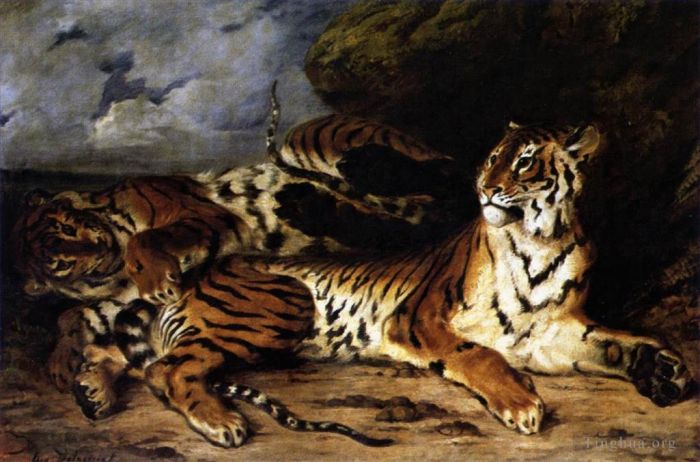 Ferdinand Victor Eugène Delacroix Peinture à l'huile - Un jeune tigre jouant avec sa mère