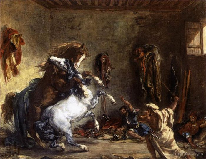 Ferdinand Victor Eugène Delacroix Peinture à l'huile - Chevaux arabes combattant dans une écurie