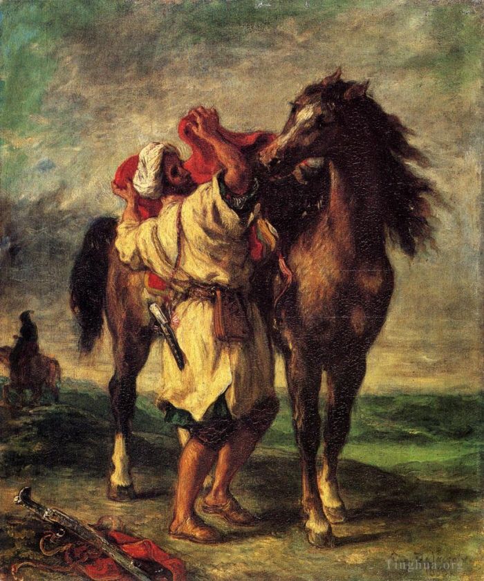 Ferdinand Victor Eugène Delacroix Peinture à l'huile - Ferdinand Victor Eugène Un Marocain sellant un cheval