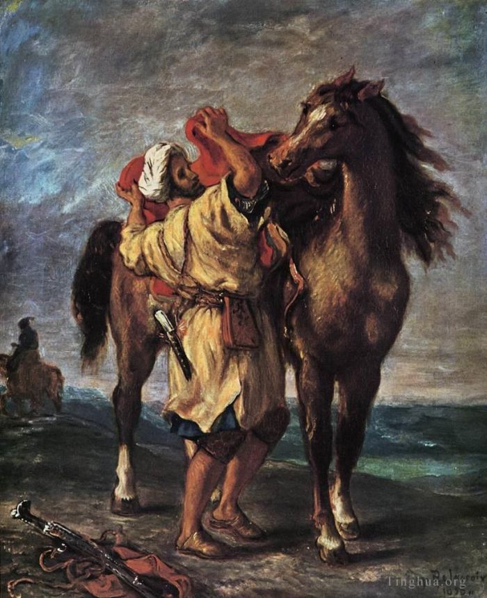Ferdinand Victor Eugène Delacroix Peinture à l'huile - Marocain et son cheval