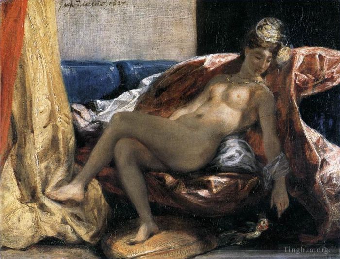 Ferdinand Victor Eugène Delacroix Peinture à l'huile - Femme avec un perroquet