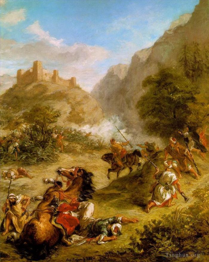 Ferdinand Victor Eugène Delacroix Peinture à l'huile - Arabes escarmouches dans les montagnes 1863
