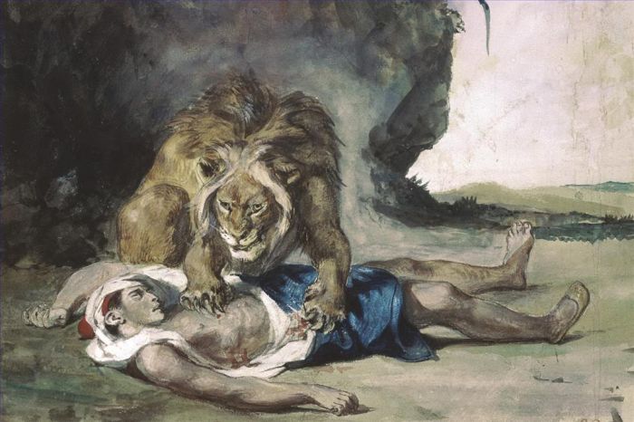 Ferdinand Victor Eugène Delacroix Peinture à l'huile - Lion déchirant un cadavre