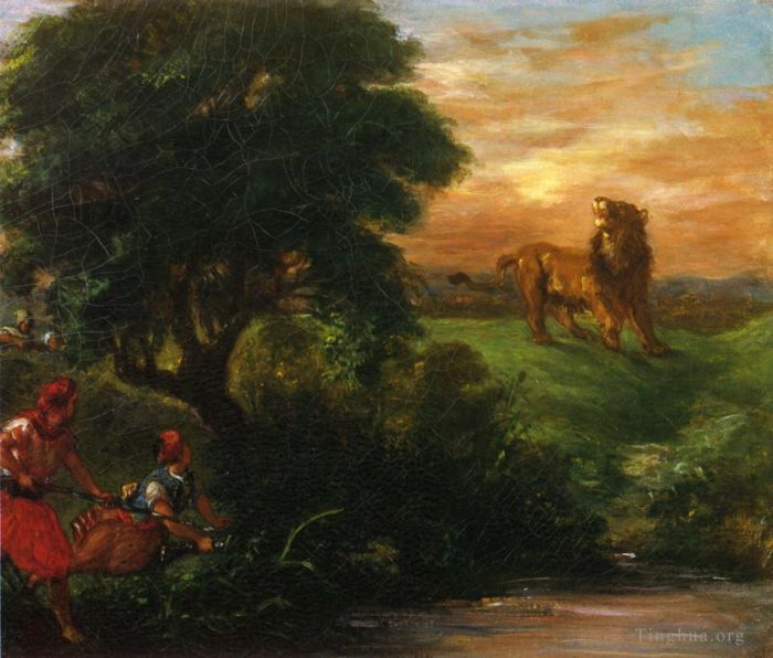 Ferdinand Victor Eugène Delacroix Peinture à l'huile - La chasse au lion 1859