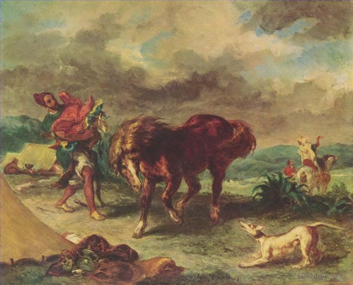 Ferdinand Victor Eugène Delacroix Peinture à l'huile - Le marocain et son cheval 1857