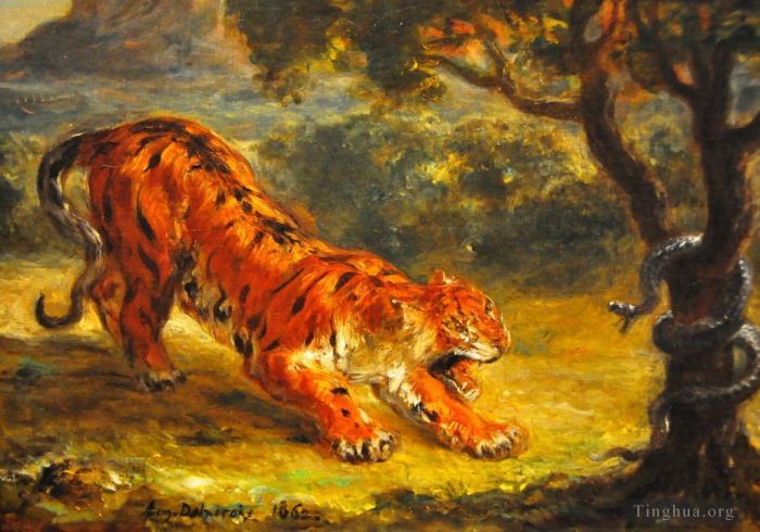 Ferdinand Victor Eugène Delacroix Peinture à l'huile - Tigre et serpent 1862
