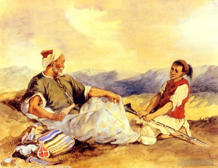 Ferdinand Victor Eugène Delacroix Types de peintures - Deux Marocains Assis à La Campagne