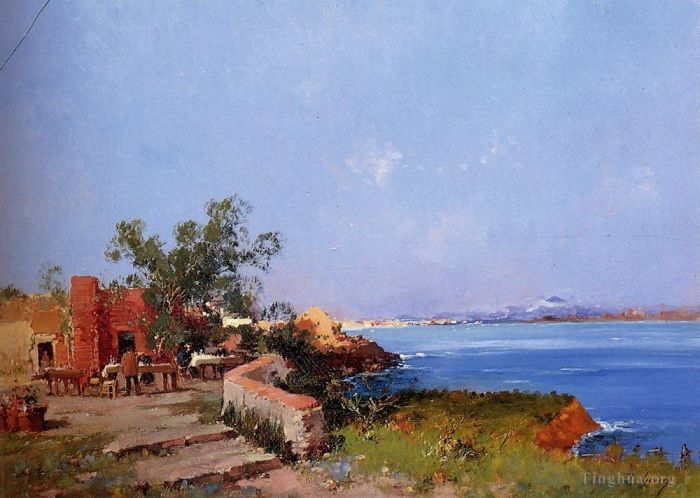 Eugène Galien-Laloue Types de peintures - Déjeuner sur une terrasse avec vue sur la baie de Naples