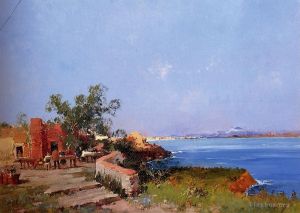 Eugène Galien-Laloue œuvres - Déjeuner sur une terrasse avec vue sur la baie de Naples