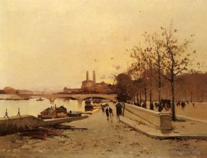 Eugène Galien-Laloue œuvres - Pont Sue La Seine Avec Une Vue Sur L'ancien Trocadéro Parisien
