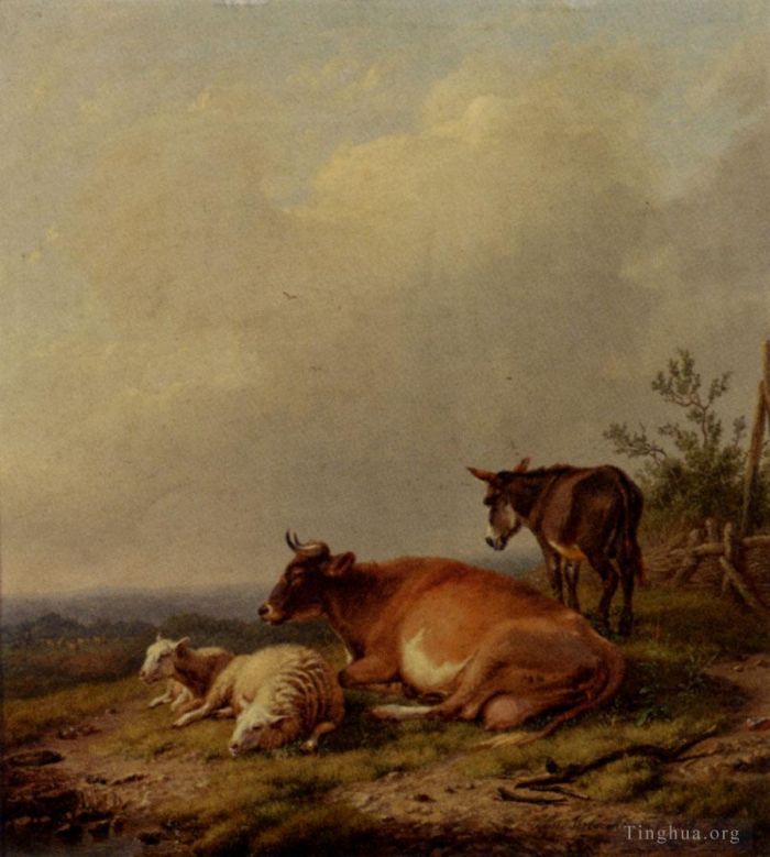 Eugène Verboeckhoven Peinture à l'huile - Une vache, un mouton et un âne