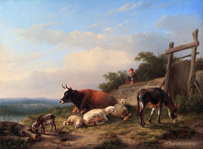 Eugène Verboeckhoven Peinture à l'huile - Un agriculteur s'occupant de ses animaux