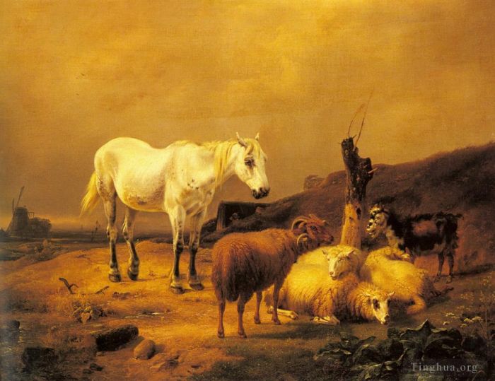 Eugène Verboeckhoven Peinture à l'huile - Un cheval, un mouton et une chèvre dans un paysage