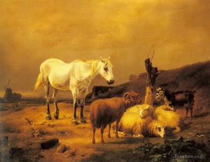 Eugène Verboeckhoven œuvres - Un cheval, un mouton et une chèvre dans un paysage
