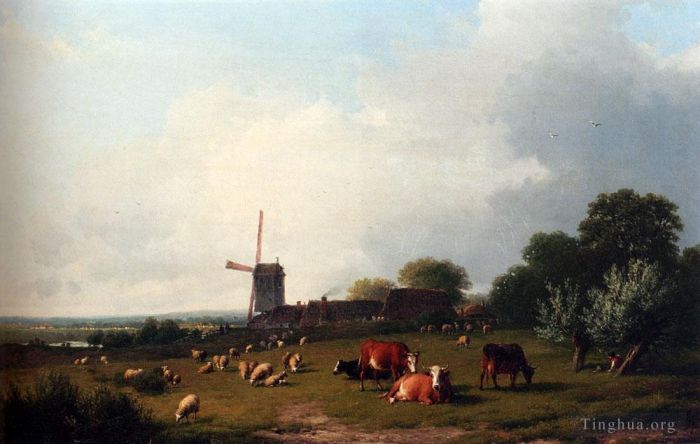 Eugène Verboeckhoven Peinture à l'huile - Un paysage d'été panoramique avec du bétail paissant dans une prairie