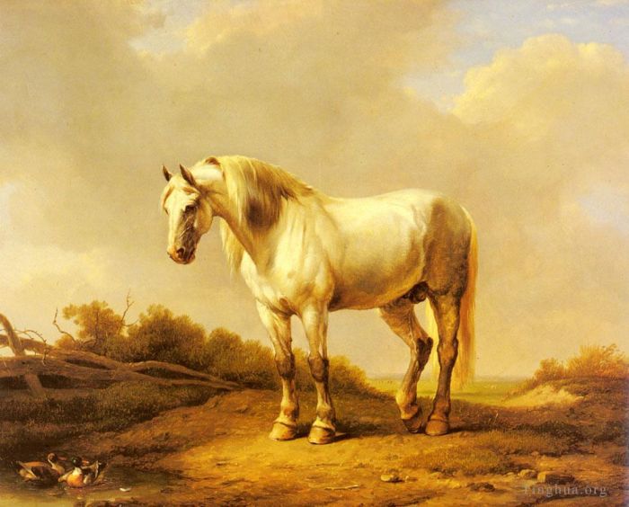 Eugène Verboeckhoven Peinture à l'huile - Un étalon blanc dans un paysage Cheval Eugène Verboeckhoven