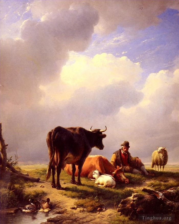 Eugène Verboeckhoven Peinture à l'huile - Un agriculteur au repos avec son bétail