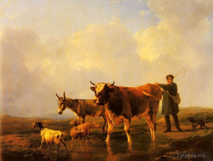Eugène Verboeckhoven Peinture à l'huile - Traverser le marais