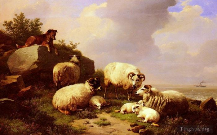 Eugène Verboeckhoven Peinture à l'huile - Garder le troupeau près de la côte