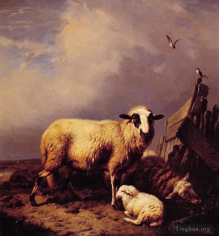 Eugène Verboeckhoven Peinture à l'huile - Garder l'agneau