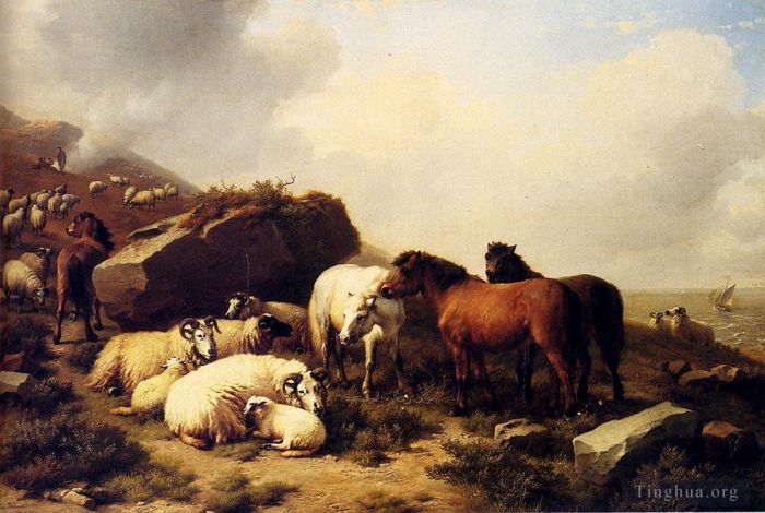 Eugène Verboeckhoven Peinture à l'huile - Chevaux et moutons près de la côte