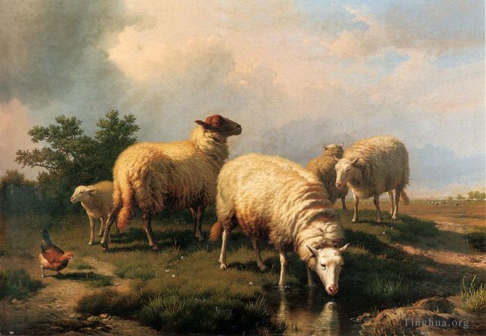 Eugène Verboeckhoven Peinture à l'huile - Mouton et poulet dans un paysage