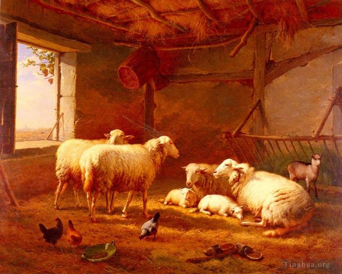 Eugène Verboeckhoven Peinture à l'huile - Moutons avec des poules et une chèvre dans une grange