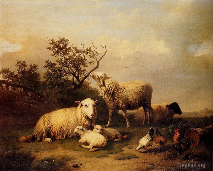 Eugène Verboeckhoven Peinture à l'huile - Moutons avec agneaux et volailles au repos dans un paysage